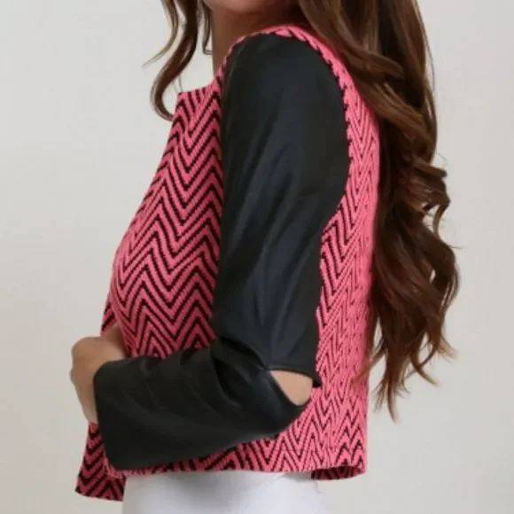 Fuschia Print Jacket w/ Faux leather sleeves - Picture 2 of 12